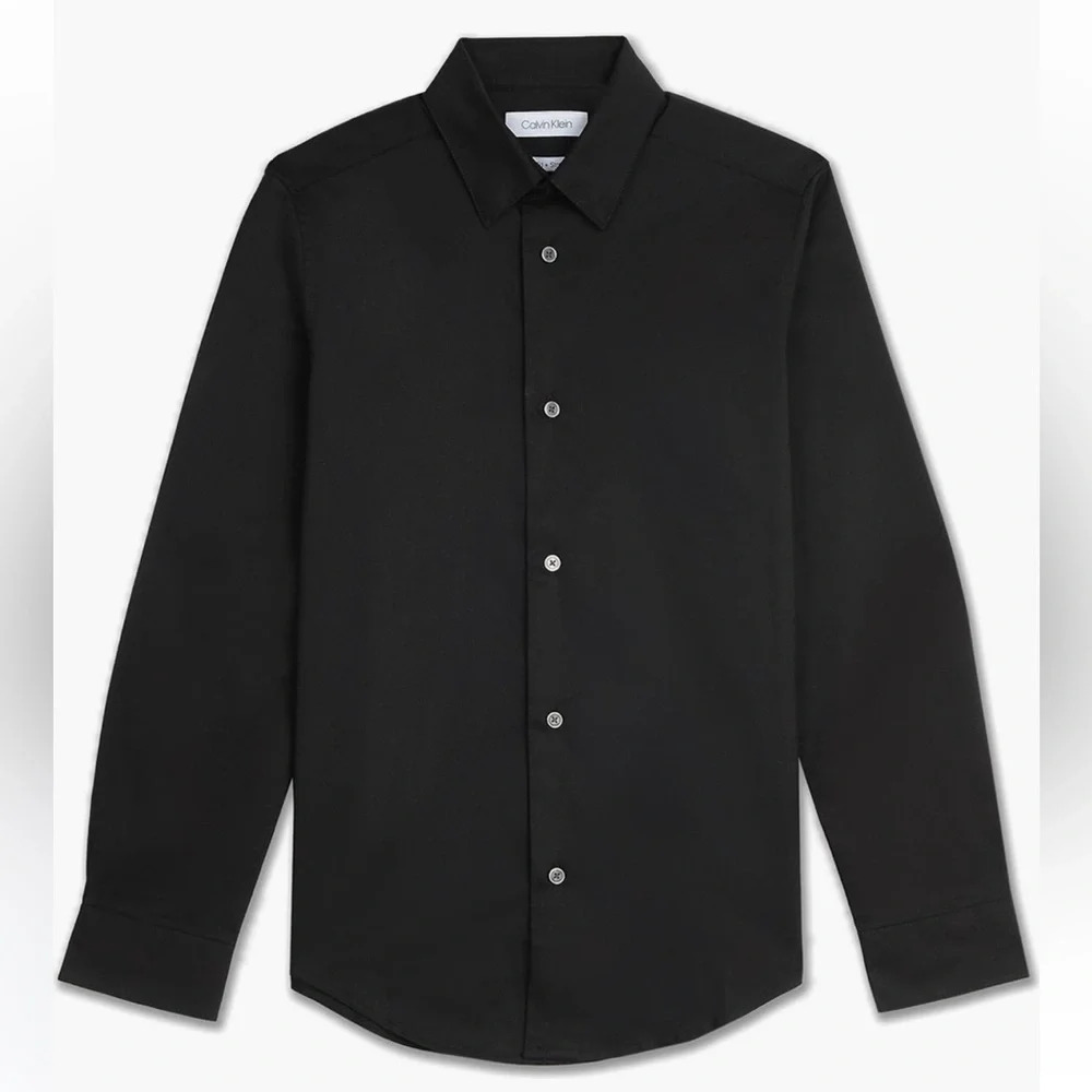 Calvin Klein Boys Black Solid Long Sleeve Button‎ Front Slim Fit Shirt Size 16